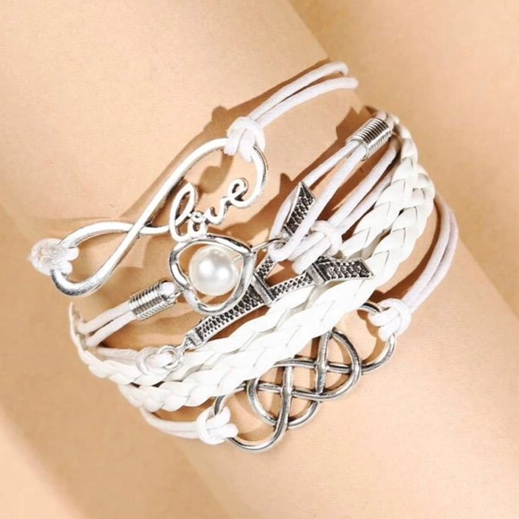 Multi Braid Bracelet Infinity Love Braid Eiffel Tower Faux Pearl Lobster Clasp - Picture 6 of 6
